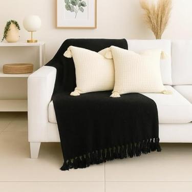 Imagem de Manta Capa para Sofá Gigante XGG 240x180 cm - 100% Algodão, Com Franjas, Proteção e Decoração Luxuosa para Sofá de Casal ou 3 Lugares (Preto)