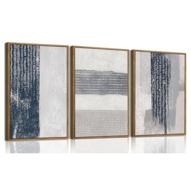 Imagem de KISSFOX Arte de parede emoldurada de 3 peças, decoração de parede abstrata, azul marinho, textura, imagens modernas, minimalistas, pinturas grandes e luxuosas, obras de arte para sala de estar, quarto