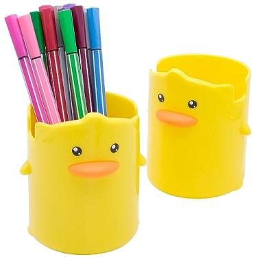 Imagem de inheming 2 porta-lápis para crianças, suporte de caneta de pato amarelo fofo de desenho animado, multifuncional, porta-pincéis de maquiagem, copo de armazenamento de papelaria