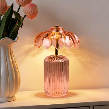 Imagem de MJ PREMIER Lâmpada sem fio, lâmpada operada por bateria com temporizador, abajur de flor de vidro cristal, abajur de mesa de cabeceira, luz quente de LED decorativa para prateleira de quarto e sala de