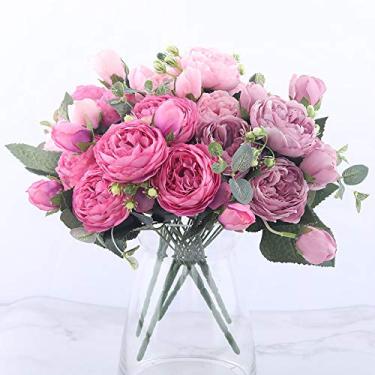 Imagem de LMJYU Presentes de flores artificiais 30 cm rosa seda peônia buquê de flores artificiais 5 cabeças grandes e 4 botões baratos flores falsas para casa casamento interno