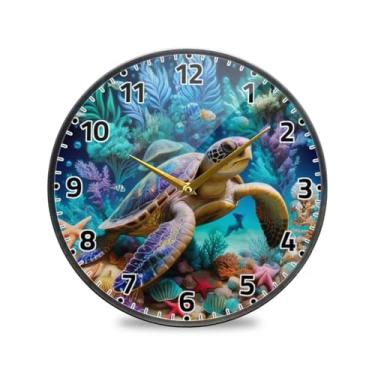 Imagem de WELLDAY Relógio de parede sem tique-taque 25 cm - Tartaruga marinha azul operado por bateria relógio redondo silencioso para casa/escritório/cozinha/sala de aula