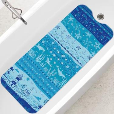 Imagem de SHUCHING Tapete de banho adulto para banheira antiderrapante 101 x 40 cm, tapete de banheira extra longo, antiderrapante, tapete de chuveiro para banheiro, sem mofo, lavável na máquina, oceano