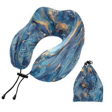 Imagem de CEBUGI Travesseiros de viagem portáteis em forma de U, travesseiro de pescoço de espuma viscoelástica com trava de corda ajustável para avião, viagem, trem, negócios, escritório, soneca (mármore azul)