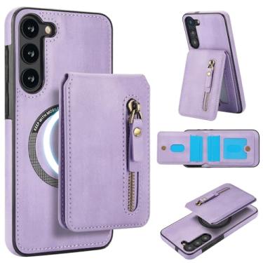 Imagem de Carteira destacável compatível com carregamento sem fio Magsafe para Samsung Galaxy A14 4G/A14 5G capa com suporte para cartão, bolso com zíper, suporte 2 em 1 capa à prova de choque (roxa)