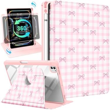 Imagem de Uppuppy Capa inteligente para iPad Pro M4 de 11 polegadas - suporte giratório de 360 graus com suporte para lápis para mulheres e meninas, capa xadrez com laço rosa para iPad Pro de 11 polegadas 2024