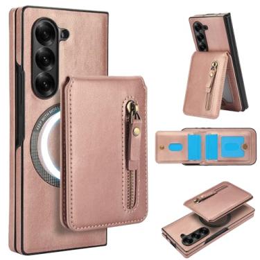 Imagem de Carteira destacável compatível com carregamento sem fio Magsafe para Samsung Galaxy Z Fold5 capa com suporte para cartão, bolso com zíper, suporte 2 em 1 à prova de choque (ouro rosa)