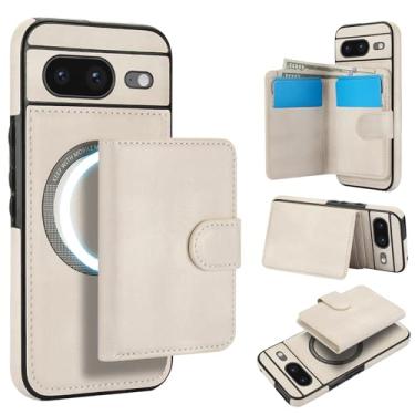 Imagem de Para Google Pixel 8 carteira removível compatível com Magsafe capa de carregamento sem fio com suporte para cartão, compartimento para dinheiro, suporte 2 em 1 capa à prova de choque (branca)