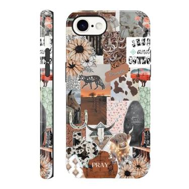 Imagem de Vulfwela Capa de telefone para iPhone 16e de 6,1 polegadas Western Boho Collage, 2 em 1, vintage, rosa, chapéu de caubói cavalos, cabeça de touro, floral, capa de telefone Country West à prova de