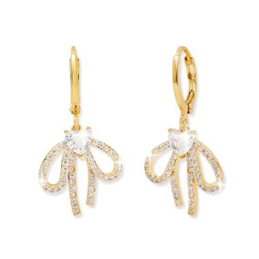 Imagem de BXDA Brincos de argola com laço dourado para mulheres, linda fita de zircônia cúbica cintilante, joia hipoalergênica, presente de Natal, Latão, Zircônia cúbica