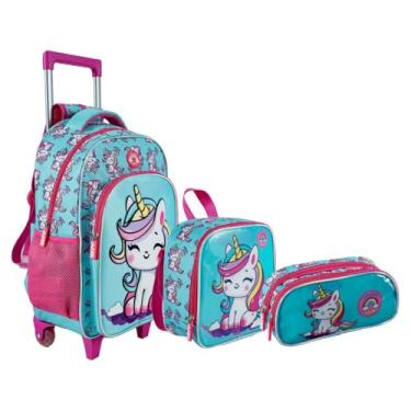 Imagem de Kit Mochila Escolar Creche Unicórnio Carrinho Rodinha menina Lancheira e Estojo (Azul)