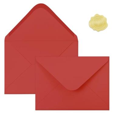 Imagem de 50 envelopes A7 coloridos vermelhos com adesivos, envelopes para cartões comemorativos, ótimo para convites, convites de casamento, aniversário, chá de bebê, formatura