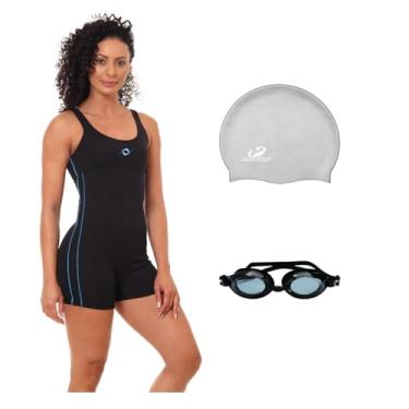 Imagem de Kit Maiô Macaquinho Helanca Feminino com Óculos Proteção Uv e Touca Silicone Grande (Preto/Turquesa - Touca Prata, GG)