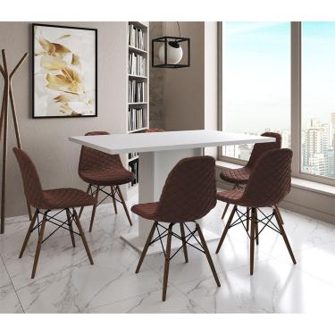 Imagem de Mesa Jantar Londres Retangular Branca 137X90 6 Cadeiras Estofadas Caramelo Madeira