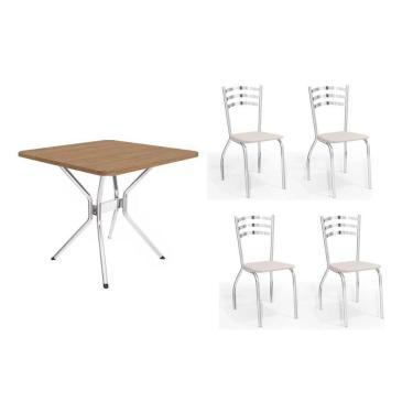 Imagem de Conjunto: Mesa Sala Jantar Loire C- Tampo De Madeira 90cm + 4 Cadeiras Portugal Cromada-branco 106 - Kappesberg