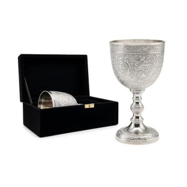 Imagem de Cálice de vinho de latão medieval de cálice antigo, padrão ornamental em relevo, perfeitamente adequado para presentes, decoração de casa e fins cerimoniais, batismo (caixa de veludo preto)