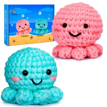 Imagem de Crochetta Kit de crochê para iniciantes, kits de animais de crochê Amigurumi com tutoriais em vídeo passo a passo, pacote inicial de tricô para adultos e crianças, jumbo 2 polvos familiares (mais de 40% de fio)
