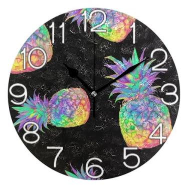 Imagem de Relógio de parede analógico decorativo relógio de cozinha bonito operado por bateria silencioso, retrô moderno art déco decoração de parede abacaxi arco-íris brilho preto, 25 cm, ponteiros pretos