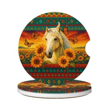 Imagem de FeHuew 2 peças Boho White Horse Sunflower Field Ceramic Car Coasters Universal Antiderrapante Absorvente Dedo Entalhe Conjuntos para Bebidas Auto Decor