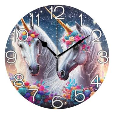 Imagem de GAIGEO Relógio de parede analógico decorativo estético silencioso sem tique-taque relógio de cozinha fofo, arte de parede boho decoração de casa, linda flor de unicórnio, 25 cm, ponteiros pretos
