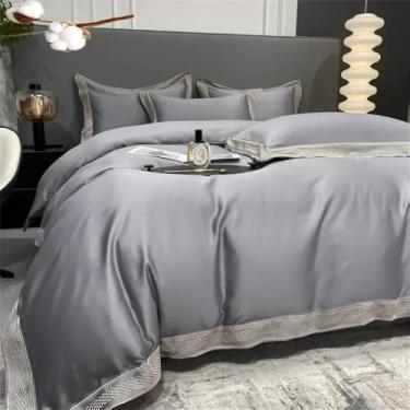 Imagem de Conjunto de cama simples em algodão branco com bordado, incluindo capa de edredom de casal, lençóis e fronhas, na cor cinza, lençol de baixo com elástico (1,8 MB).
