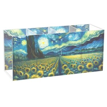 Imagem de TSENQUE Porta-lápis de mesa, girassóis, noite estrelada, azul, acrílico para canetas, porta-canetas, suporte de marcador, material de escritório decorativo personalizado