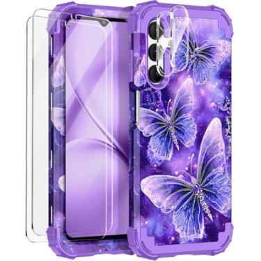 Imagem de Rancase Capa para Galaxy A15 5G, capa protetora resistente à prova de choque de três camadas com 2 protetores de tela de vidro temperado para Samsung Galaxy A15 5G 6,5 polegadas, borboleta roxa clara