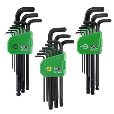 Imagem de SK Conjunto de chaves Allen de 27 peças, conjunto de chaves hexagonais métricas/SAE/estrela, em forma de L, aço S2, acabamento fosfatado preto