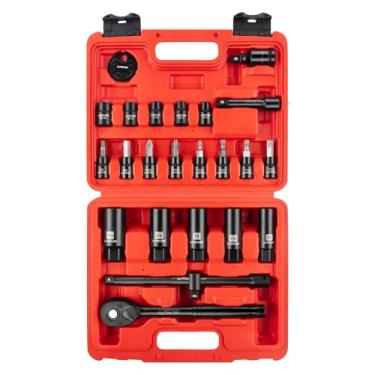 Imagem de LLNDEI Conjunto de soquete de vela de ignição de 3/8 polegadas, soquetes E-Torx e conjunto de soquete Allen, SAE 5/8, 3/4, 13/16 métrico 14 mm, soquete de vela de ignição de 18 mm, inclui 2 barras de