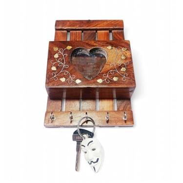 Imagem de Nautical Store kings Porta-chaves marrom de madeira com espelho elegante com caixa de armazenamento, suporte para celular, suporte de caneta e suporte de 5 ganchos de madeira para parede de casa