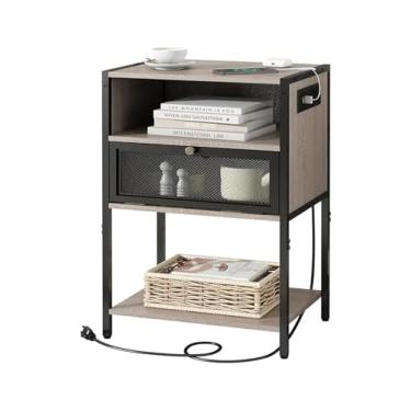 Imagem de Mesa de cabeceira com estação de carregamento, mesas de cabeceira com espaço de armazenamento e porta de 3 camadas, mesas de canto com portas USB e gaveta de cabeceira armário de cabeceira (cor: 01