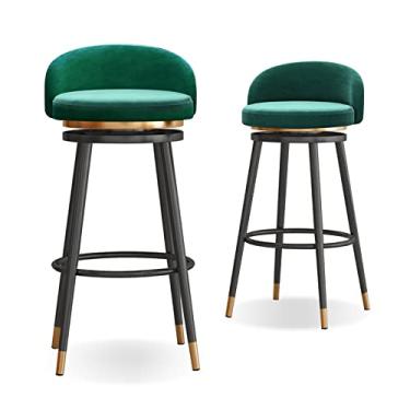 Imagem de Banquetas de barra com altura de balcão, bancos de bar giratórios, conjunto de 2, bancos de balcão para bar Island, banquetas de barra com estrutura de metal com encosto e apoio para os pés