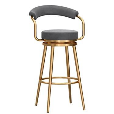 Imagem de Bancos de bar de veludo com altura de balcão com encosto e apoio para os pés, cadeiras de bar estofadas, bancos de bar modernos para cozinha, ilha, bancada, cinza, pernas douradas