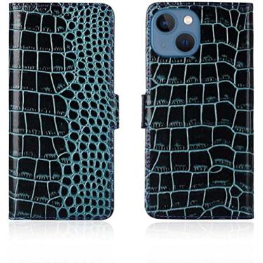 Imagem de ZEDEVB Coldre de capa de telefone flip padrão de crocodilo, capa de suporte fólio magnético de couro genuíno [suporte de cartão] para Apple iPhone 14 Plus 2022 (Cor: azul)
