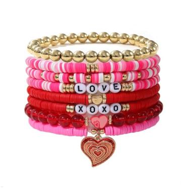 Imagem de ONLYJUMP Conjunto de pulseiras Heishi rosa para mulheres boho macias de cerâmica com contas elásticas empilháveis pingente de coração empilhável em camadas joias da amizade para presentes de