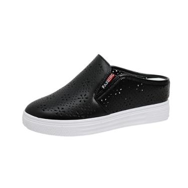 Imagem de Pantufas femininas casuais de cunha vazadas com bico redondo e sola grossa, Preto, 36