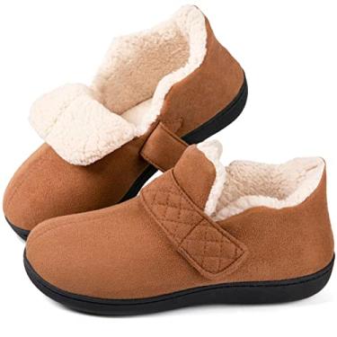 Imagem de Zizor Pantufas femininas confortáveis de material viscoelástico com fecho ajustável, forro de lã fechada nas costas com sola de borracha antiderrapante para uso interno e externo, Tan, 10