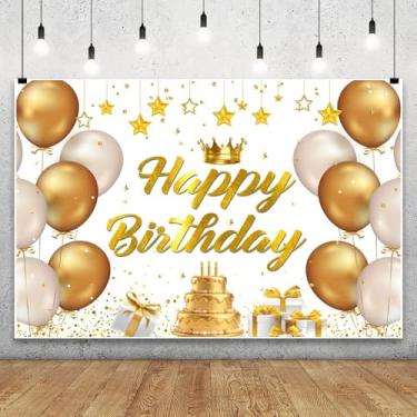 Imagem de Leowefowa Pano de fundo dourado e branco de 3 x 2,4 m de feliz aniversário de luxo com glitter com bolinhas douradas, presente para mulheres, homens, festa de aniversário de bebê, faixa para decoração