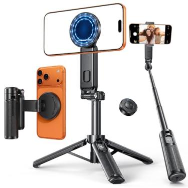 Imagem de Tripé magnético de telefone de 43 cm e bastão de selfie para iPhone Android, tripé de viagem de 11,4 cm com controle remoto sem fio, braçadeira destacável, rotação de 360° para tripé MagSafe - Max