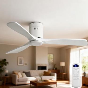 Imagem de Sofucor Ventilador de teto de 132 cm sem luzes, montagem embutida, ventilador de teto de madeira maciça branca com controle remoto - 3 lâminas, ventiladores de teto modernos para ambientes externos