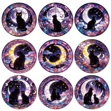 Imagem de ANATTASOUL Conjunto de 9 porta-copos roxos de gato preto e fase da lua porta-copos de madeira coloridos em massa presente de inauguração de casa nova para casa nova, proteção de mesa de centro