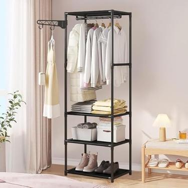 Imagem de Arara de Roupas Multifuncional Com Estrutura em Aço Preto, 3 Prateleiras, Cabideiro e Ganchos Laterais - Organizador para Quarto e Closet