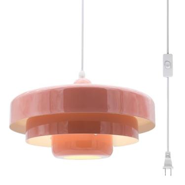 Imagem de DoungRos Candeeiro de pendurar rosa plug in luz pendente moderna meados do século lumin...
