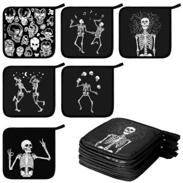 Imagem de Bencailor 12 peças de suportes de panela com bolso para cozinha, pegadores de panela quente, luvas de forno, saco de biscoitos, luvas de forno para cozinha, presente, assar (preto, caveira 2)