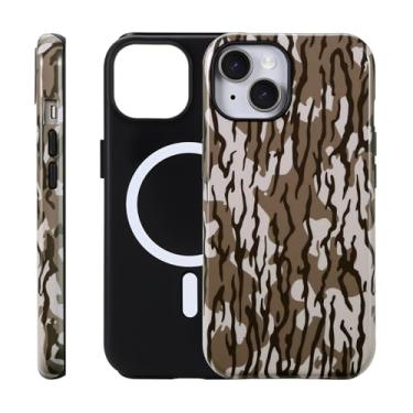 Imagem de Fourmor Capa para iPhone 15 - Carregamento sem fio para MagSafe, capa externa rígida de policarbonato + capa protetora interna de TPU macio à prova de choque, padrão de listras camufladas