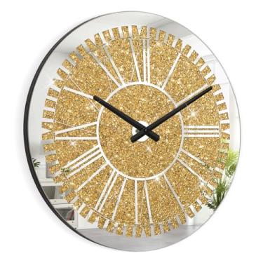 Imagem de FEUFOAM Relógios de parede grandes para decoração de sala de estar, cristal triturado com diamante, relógio de parede redondo, brilhante, brilhante, dourado, diamante, decorativo para quarto, cozinha