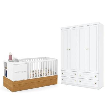 Imagem de Berço Americano Multifuncional Formare Branco Freijó - Matic E Guarda Roupa Infantil Americano 4 Porta Branco Hp - Henn