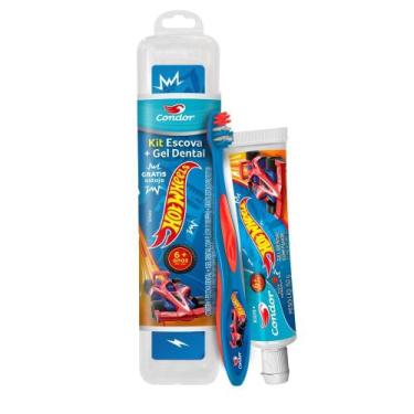 Imagem de Kit Escova + Gel Dental Condor Kids Hot Wheels com Flúor Morango 50g e