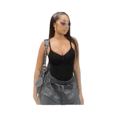 Imagem de Body Preto Sem Mangas Com Franzido Para Mulheres, Camisola Sexy Com Al