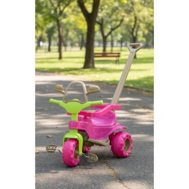 Imagem de Triciclo Infantil Dino Rosa C/ Empurrador Seguro e Divertido - Congrat